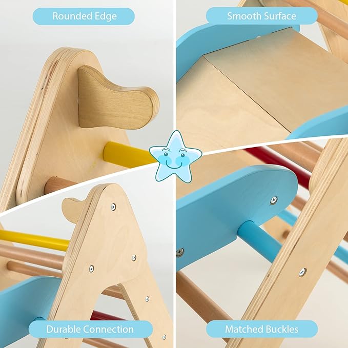 OLAKIDS Pikler Triangle Set 2 in 1 Climbing Toys for Toddlers Foldable Wood Montessori Baby Jungle Gym with Ladder Ramp Slide Kids Indoor Playground Activity Play Structure