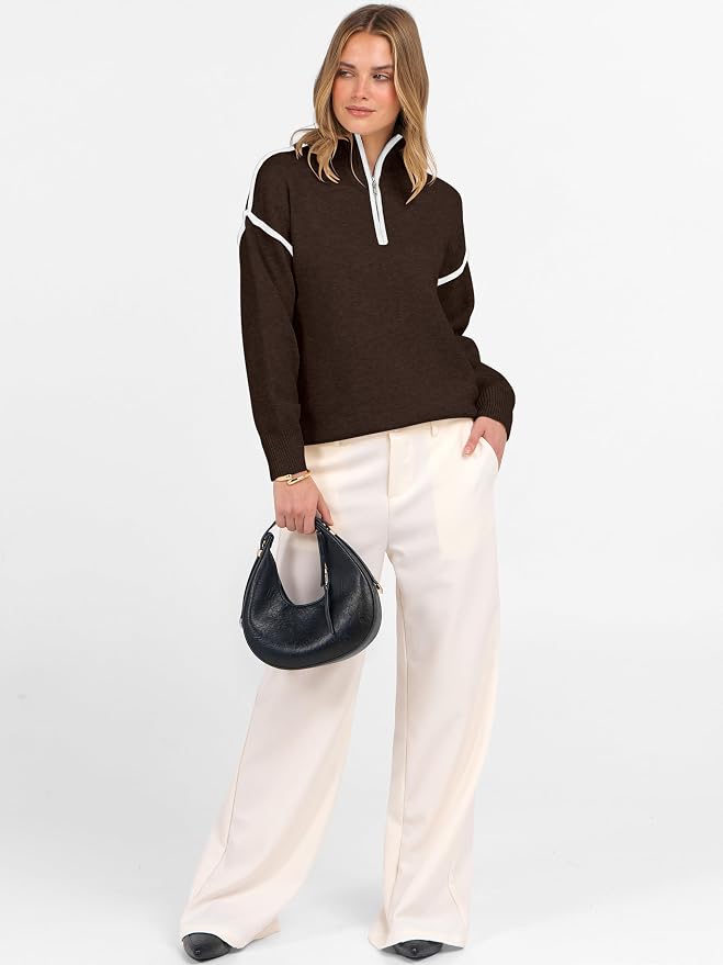 ANRABESS Womens Quarter Zip Sweaters Fall Long Sleeve V Neck Shirts Collared Business Casual Tops Knit Pullover Sweatshirts