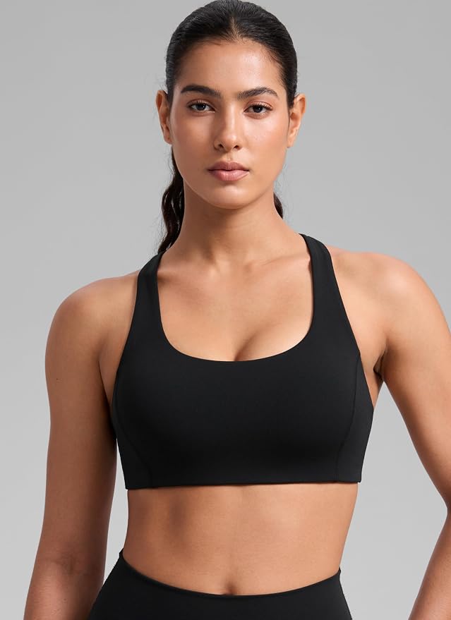 CRZ YOGA SculptAir Wide Straps Cross Back Sports Bras for Women - U Neck Medium Impact Wireless Padded Workout Top