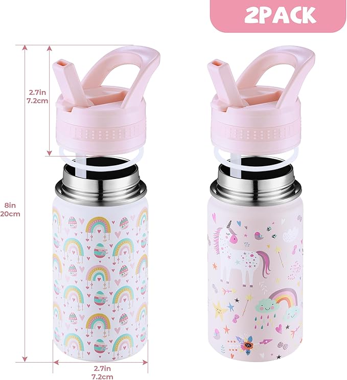 2 Pack Kids Water Bottle,14oz Stainless Steel Insulated Water Tumbler Leak-Proof,School Water Mug,Small and Portable,Suitable for Boys and Girls to Use(White rainbow + Pink unicorn)