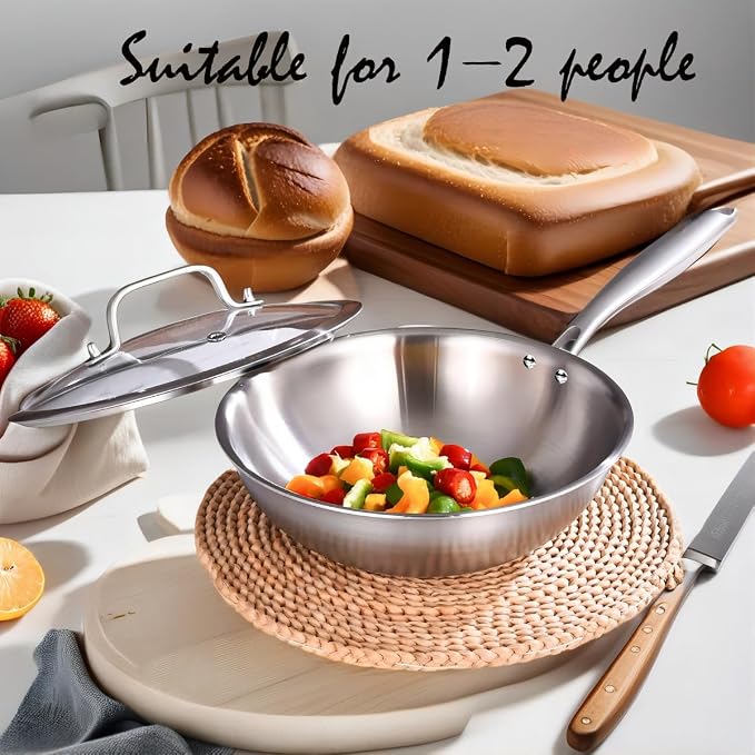 LOLYKITCH 10-Inch Stainless Steel Wok with Glass Lid | Riveted Handle | Small | Uncoated Tri-Ply Stir Fry Pan | Everyday Cooking Wok for Induction | Flat Bottom | SGS Certified Cookware | PFOA-FREE