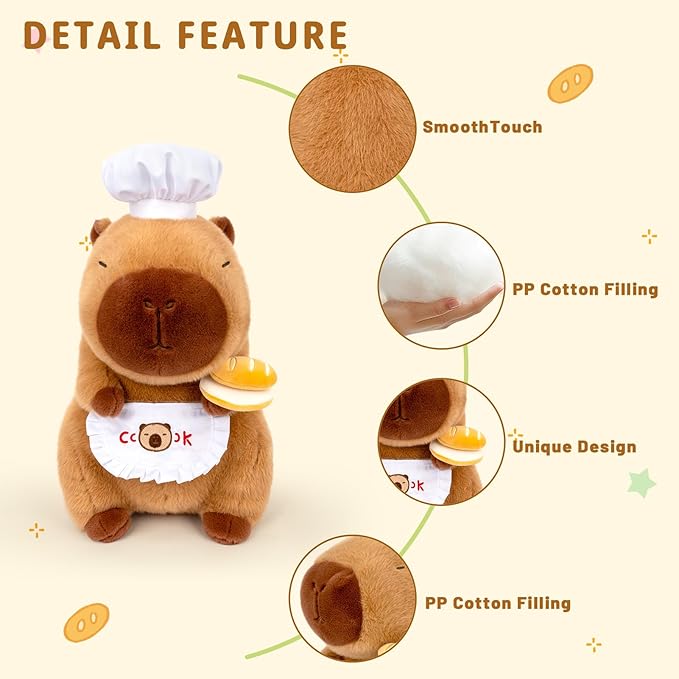 13" Capybara Stuffed Animal Wear Chef Hat Holding a Bread Cute Stuffed Capybara Plush Toy Gifts for Kids Boys Girls