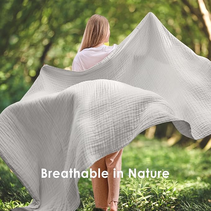 EMME Muslin Blankets for Adults Throw Blanket for Couch Breathable Gauze Soft Lightweight Airy Light Grey Throw XL 50" x 71"