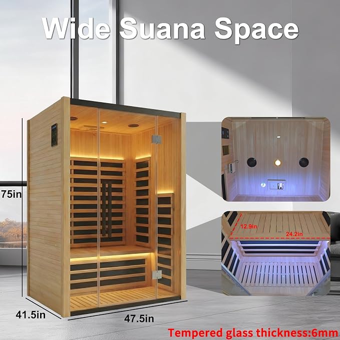 Home Infrared Sauna Room 1 Person Wooden Canadian Hemlock 1260W Low Magnetic Graphene Carbon Plate Heater Indoor Saunas (2-3 Person 47.24 * 41.34 * 74.8in)