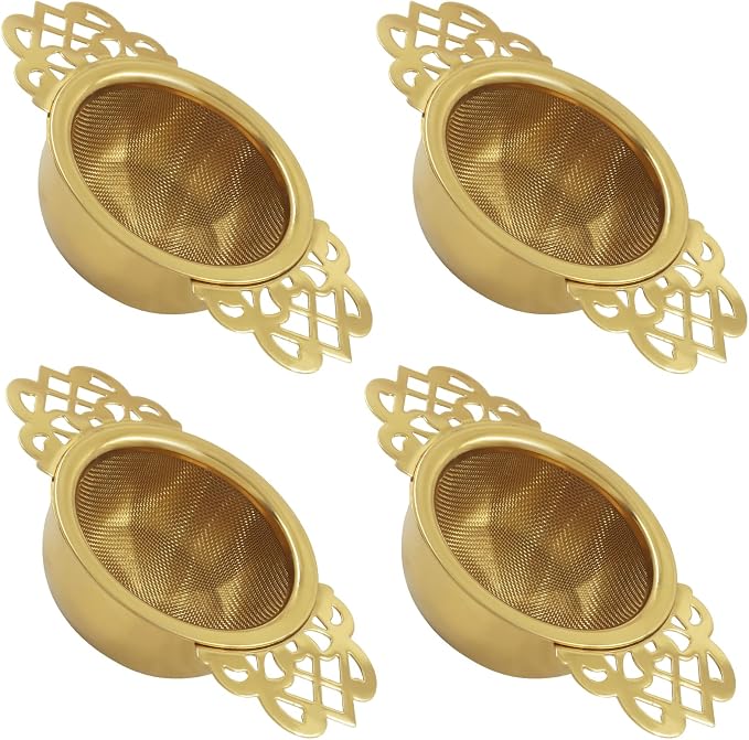 4 Pack Fine Mesh Tea Strainers with Drip Bowls, Stainless Steel Loose Leaf Tea Filter, Double Wing Handles for Mugs & Cups 2.5-4 Inch Mouth, Gold