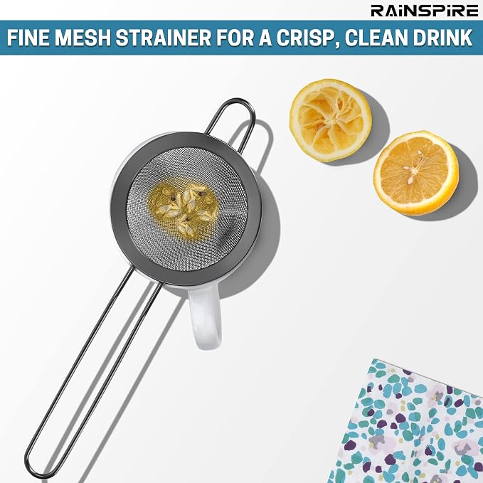 Rainspire Stainless Steel Small Strainer Fine Mesh Strainer, Mini Cocktail Strainer For Cocktails Tea Herbs Coffee & Drinks, Tea Strainer with Handle, Rust Proof, Black