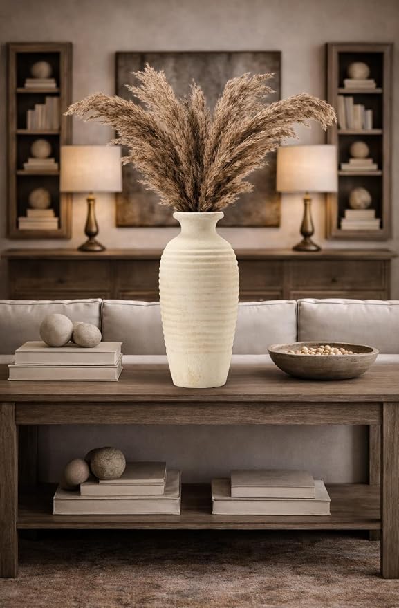 Vaseking Ceramic Natural Rustic Vase, 14.4 Inch Large Vintage Flower Threaded Decorative Farmhouse Tall Vase for Home Decor, Living Room, Shelf Decor, Wedding, Housewarming Gift, Off-White