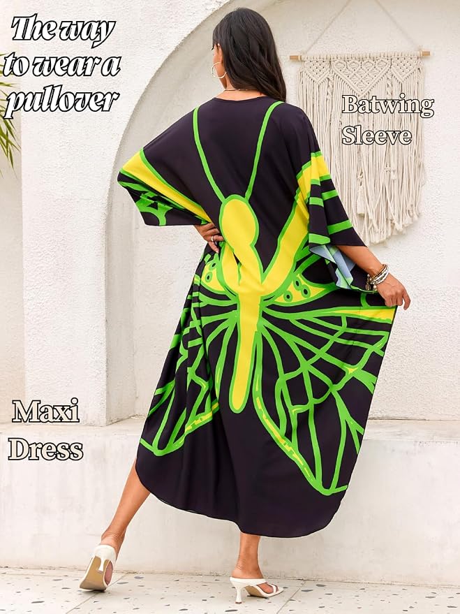 ChiaoLezhee Print Moo-Moos for Women, Kaftan Cover-Up Dresses, Sexy V-Neck High-Slit, Beach Pool-Party Coverups Muumuu Plus