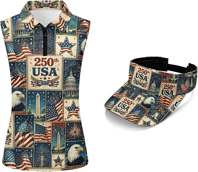POLERO Golf Tank Top Women Golf Shirts and Visor Hat Collared Racerback Tennis Shirt Set Quarter Zip