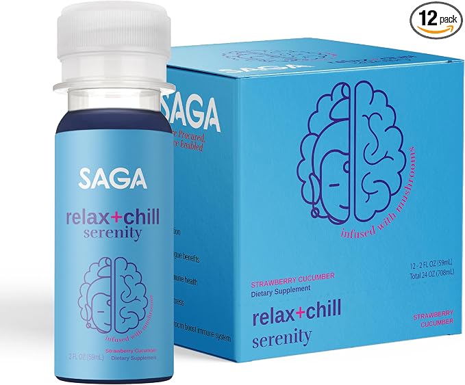 SAGA Serenity Organic Relaxation Shots with Kava, Lion’s Mane & Reishi | Fast-Acting Mushroom & Adaptogen Drink for Calm, Stress Relief & Mood Support | Vegan, Travel Size | Strawberry Cucumber