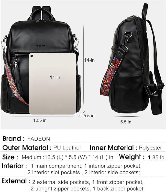 FADEON Leather Backpack Purse for Women Designer Travel Backpack Purses PU Fashion Ladies Shoulder Bag with Tassel