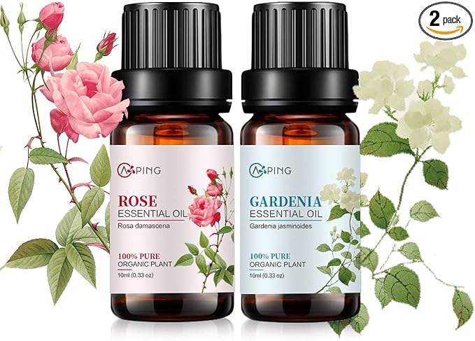 Rose & Gardenia Essential Oils - 100% Pure Organic Natural Plant Oils for Diffuser, Aroma, Spa, Massage, Yoga, Perfume, 2x10ML