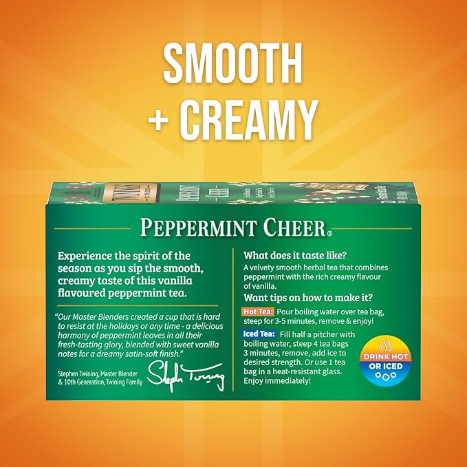 Twinings Peppermint Cheer Herbal Tea Individually Wrapped Bags, 20 Count (Pack of 1), Peppermint & Vanilla, Naturally Caffeine-Free, Enjoy Hot or Iced, 20 Teabags