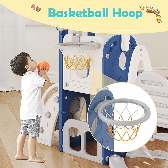 kinbor Toddler Swing and Slide Set - Indoor Outdoor Baby Slide for Toddlers 1-3, Toddler Playground with Basketball Hoop & Storage – Safe, Sturdy Kids Indoor Outdoor Playset, Blue