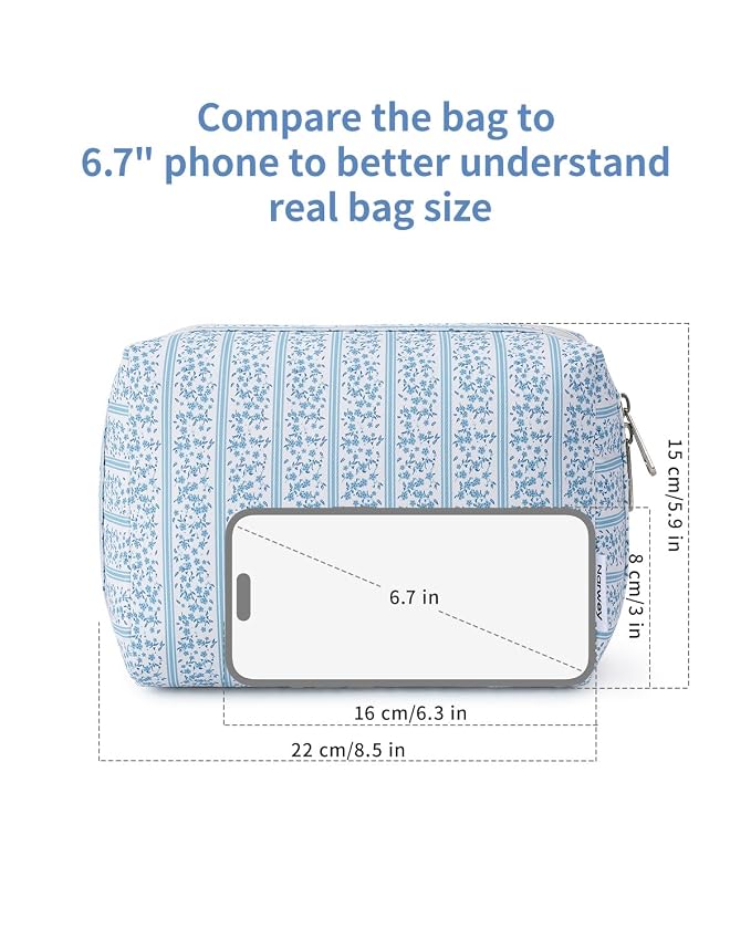 Narwey Cute Floral Makeup Bag Travel Cosmetic Bag Organizer Toiletry Bag Make Up Bags with Compartments for Women Girls (Blue Flower Buds, Large)