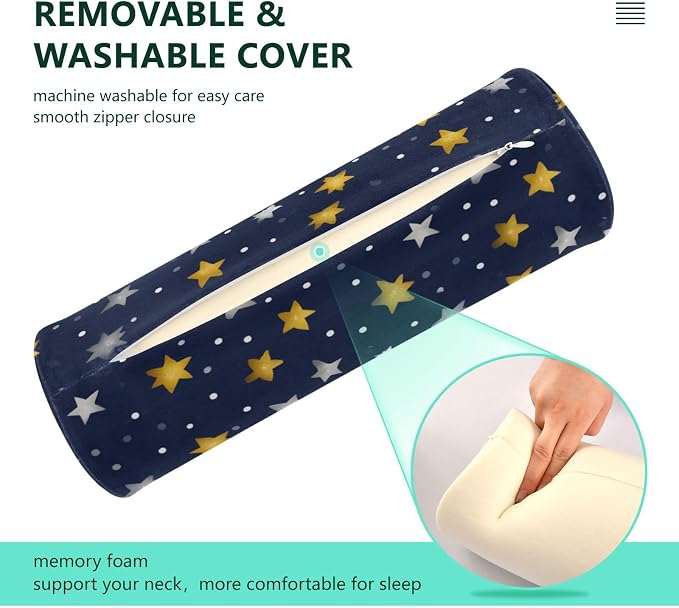 Navy Blue Stars and Polka Dots Neck Roll Pillow Bolster Round Health Memory Foam Long Cervical Cylinder Pillows with Removable Washable Cover for Body Bed Legs Back Yoga
