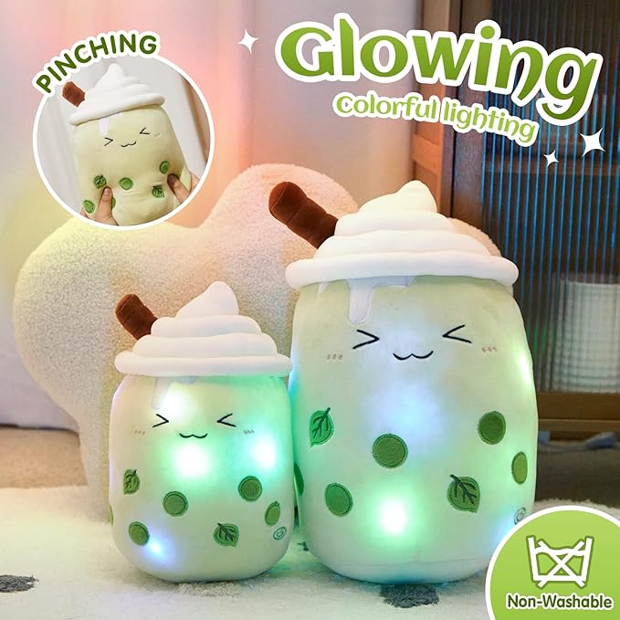 Athoinsu Light Up Matcha Boba Milk Tea Plush Pillow 15'' Kawaii Stuffed Bubble Animal Toy with LED Lights Birthday Christmas Holiday Valentines Gifts for Kids,Girls,Boys