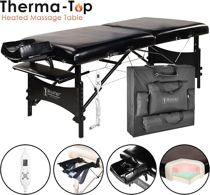 Master Massage 30” Galaxy Therma Top Portable Massage Table for Professional& Home Use, Adjustable Height Travel Massage Bed, Salon Beauty Spa Tattoo Lash Bed with Accessories (Black)