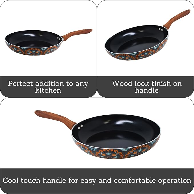 IMUSA 8 Inch Talavera Aluminum Black Ceramic Fry Pan with Woodlook Handle | Ceramic Nonstick, Glass Lid with Helper Handle, Deep Sauté Pan, Ideal for Family Cooking