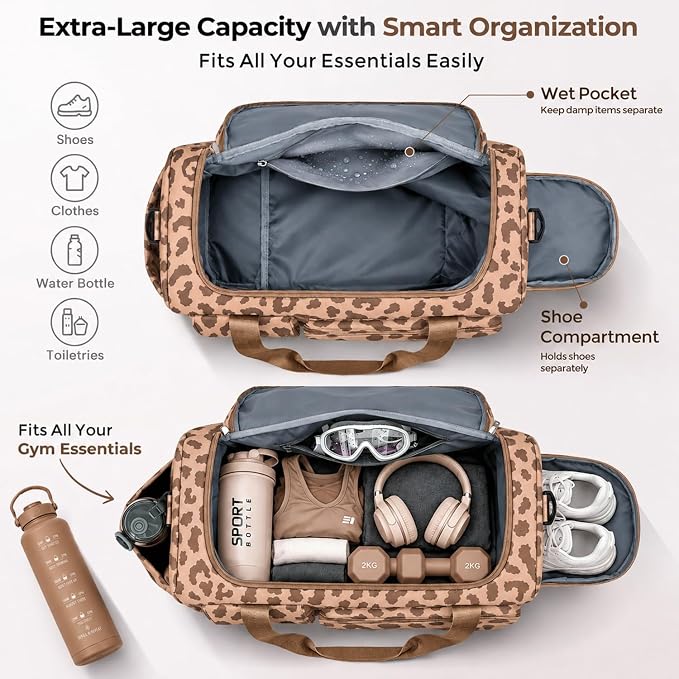 FIORETTO Women's Gym Duffle Bag with Shoes Compartment, 30L Capacity, Ideal for Travel, Gym, Sports, Duffel, Weekender