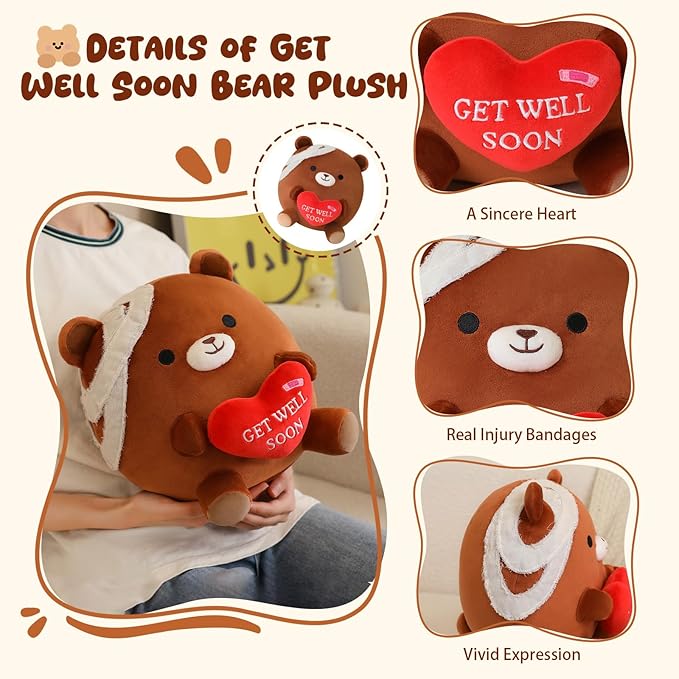 Get Well Soon Bear Plush, Cute Brown Bear Stuffed Animal, Soft Feel Better Gifts for Kids Women Men