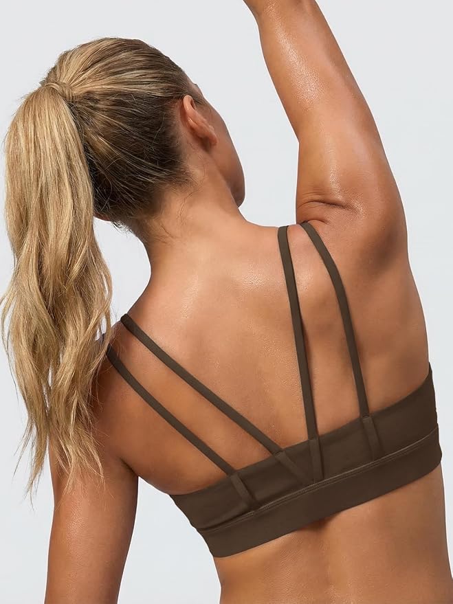 Aoysky Sports Bras for Women Buttery Soft Strappy Padded Sports Bra Double Spaghetti Straps Wireless Yoga Workout Crop Tops
