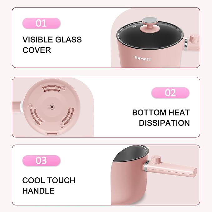 Topwit 1.5L Hot Pot Electric, Portable Ramen Cooker, Non-Stick Frying Pan | BPA-free, Glass Lid, Overheat & Boil-dry Protection, Electric Pot for Pasta, Steak, College Dorm Office Travel Essentials
