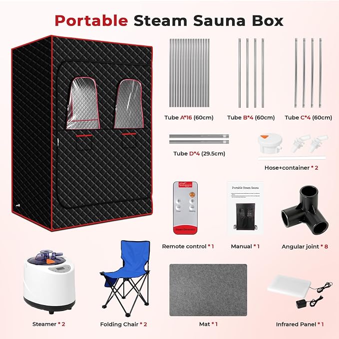 Morfone 2 Person Portable Infrared Steam Sauna with 660nm Red Light Therapy Lamp & 2 Steamers 2 Folding Chairs, Full Body Sauna Spa Tent at Home for Relaxation, 71"x 49"x 36",Black