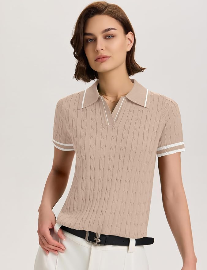 Micoson Womens Short Sleeve Sweater Tops Lapel V Neck Polo Shirts 2026 | Summer Cable Knit Loose Blouses, Business Casual Outfits