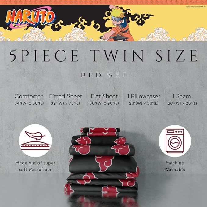 Collectibles Naruto Anime Akatsuki Bedding 5 Piece Super Soft Reversible Comforter and Sheet Set with Sham, Twin, (Officially Licensed Product) By Franco