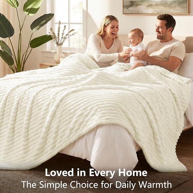 Cream White Throw Blanket for Couch & Bed, 50 x 60 Inch | 300GSM Ribbed Fleece Blanket, Soft, Cozy & Lightweight, OEKO-TEX Certified, All-Season Use for Travel, Dorm & Home Decor