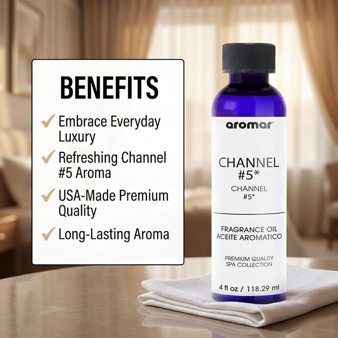 AROMAR Premium Fragrance Oil, Long-Lasting, Refreshing Uplifting Aroma for Aromatherapy, Relaxation & Household Uses, Channel #5 4 oz.
