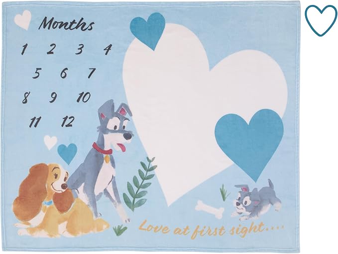 NoJo Disney Lady & The Tramp Blue, White, and Gold Love at First Sight Super Soft Photo Op Milestone Baby Blanket
