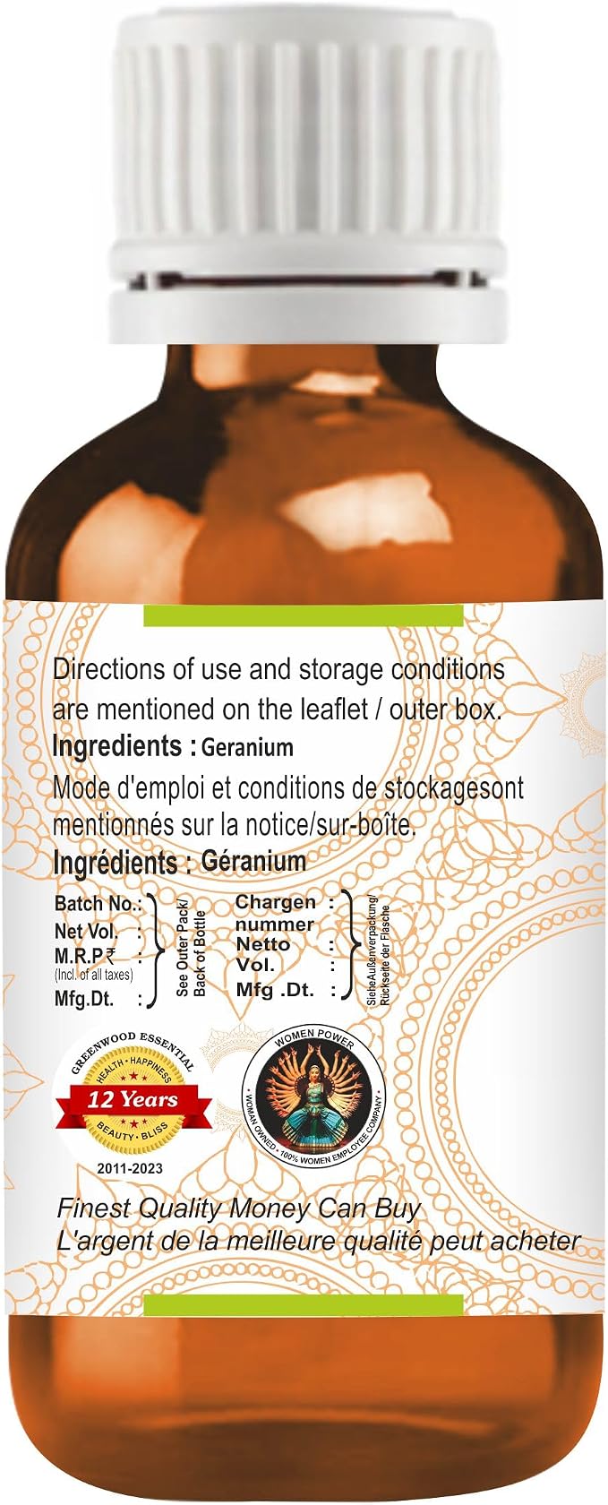 Greenwood Essential Geranium Essential Oil (Pelargonium graveolens) Pure | Non-Sticky | Non-Greasy | Lightweight | Men & Women | All Skin Types | Steam Distilled 10ml (0.33 oz)