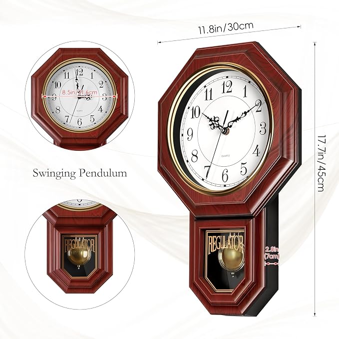 Pendulum Wall Clock,Imitation Wood Plastic Regulator Wall Clocks,Red | Battery Operated,Non-Ticking,Retro Wall Decor Gift,Easy to Read,For Living Room,Dining Room,Schoolhouse,Farmhouse