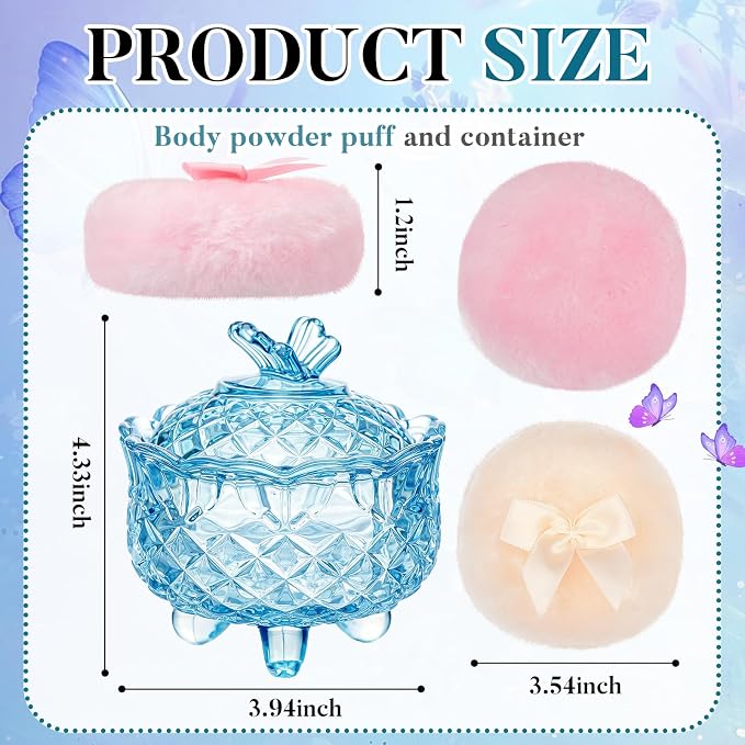 Tioncy 3 Pcs Large Body Powder Puff and Container Valentine's Day gift Powder Container with Puff Crystal Case Soft Washable Reusable Velour Face Body Glitter Wet Dry Makeup(Butterfly,Blue)