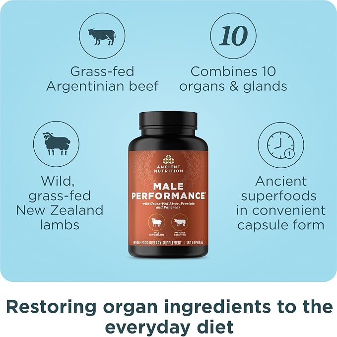Ancient Nutrition Organ Supplements for Men, Grass-Fed and Wild Organ Complex Capsules, Liver, Prostate, Pancreas Supports Male Performance, Healthy Aging, 180 Ct