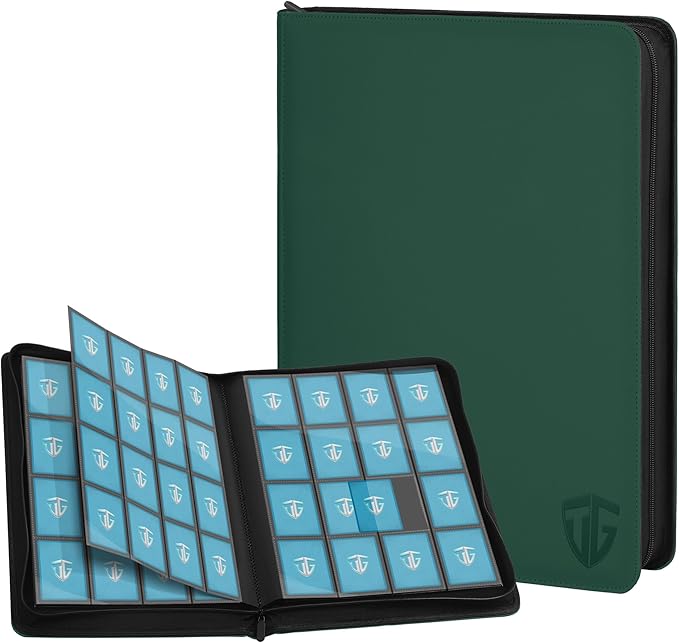16 Pockets Trading Card Zipper Binder for 1000+ Cards| Secure Side Loading Pockets | Trading Card Album Folder | Compatible with YuGiOh, MTG,Sports Cards (Dark Green 16)