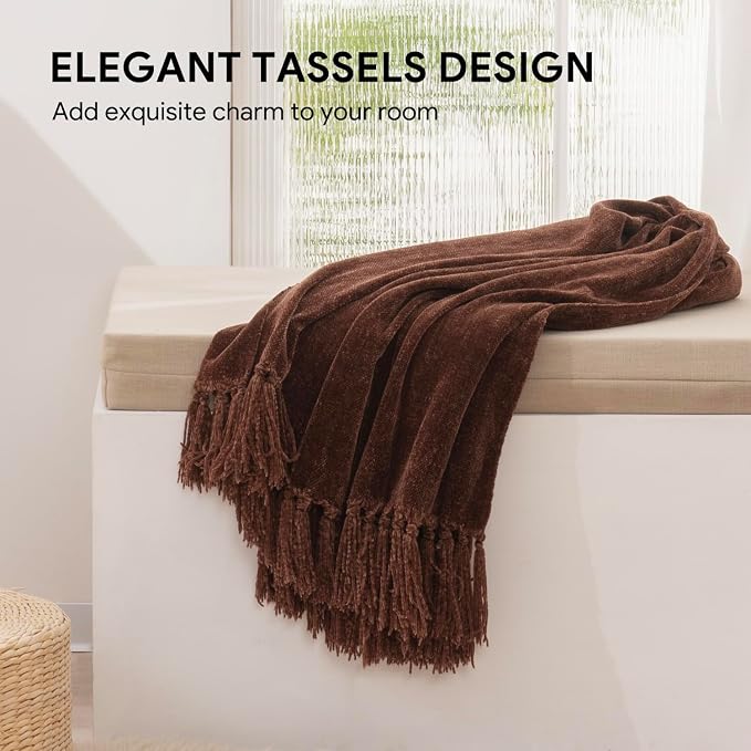 RECYCO Chenille Throw Blanket for Couch, 50"x60", Brown | Super Soft Knit Throw Blanket with Fringe Tassels, Lightweight Knitted Throw, Cozy, Ideal for Sofa Chair Bed Living Room Gift