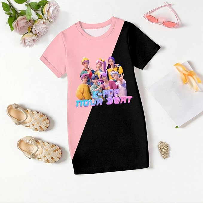 Girl's Anime K-POP Graphic Long Dress T-Shirt - Casual Loose Fit Short Sleeve Top