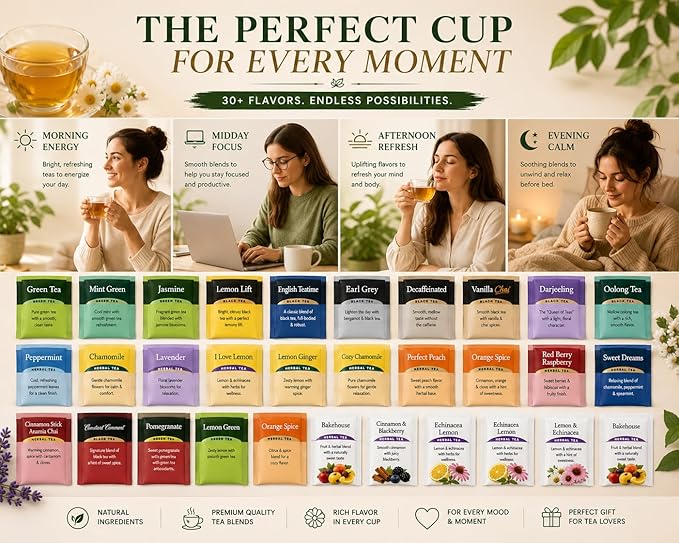 Generic Perfect Tea 48 Variety Pack Sampler Assorted Tea Bags | Black, Green, Decaf & Herbal Teas | Tea Gift Set, Office Breakroom