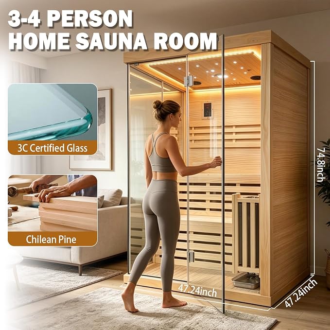 Steam Sauna, Traditional 2-4 Person Indoor Sauna with 3000W Stove Heater | Chilean Pine Wood Sauna Room with Wooden Barrel and Spoon, Sauna Stone, Hygrometer, Cup Holder, LED Lighting, Speaker