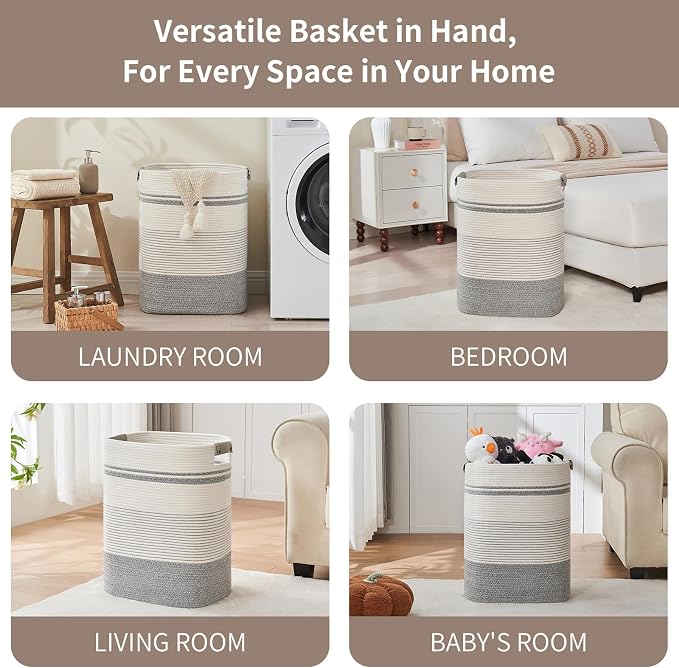 Laundry Hamper, 85L Cotton Rope Laundry Basket, Grey & White | Foldable nursery hamper with leather handles; store blankets, toys, baby clothes and laundry in bedroom or living room