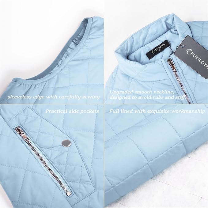 Fuinloth Women's Quilted Vest Lightweight Puffer Stand Collar Zip Gilet | 4 pockets with 2 inner storage. Quilted padded warm gilet. Fall winter outerwear layering vest for travel hiking daily wear.