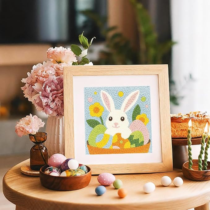 Doodlream Easter Rabbit Eggs DIY Punch Needle Embroidery Kit for Adult Beginner, 9.4" Cute Bunny Animal Punch Stitching Craft Set for Starter with Frame,Fabric Pattern,Threader, Yarn, Pinch Needle