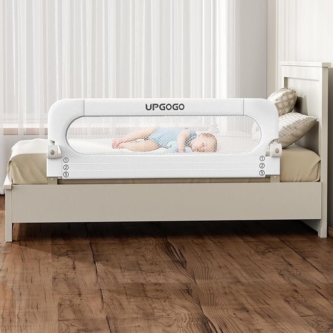 UPGOGO Folding Bed Rail for Toddlers,Baby Bed Rail Guard with Reinforced Anchor Safety System,Fit Bunk,Full Size,Queen,King,Twin(White,59"x23.6")