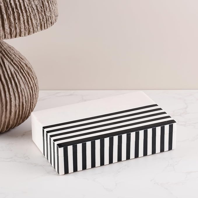Handicrafts Home Large Decorative Storage Box with Lid – Black White Modern Storage Box, Remote Control Organizer for Coffee Table, Console & Living Room Decor – Mono Lead 12 x 6 x 2