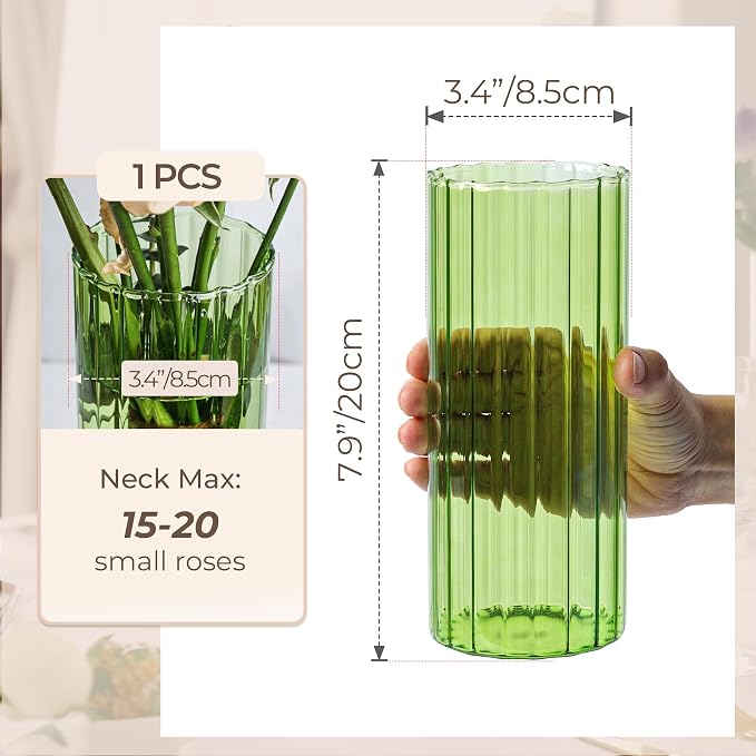 ComSaf Glass Cylinder Vase 8 Inch Tall, Green Ribbed Decor for Centerpieces | Decorative Flower Vase, Hurricane Floating Candle Holder, Wedding Decor, Reception Table, Home Accent, Housewarming Gift