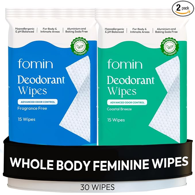 FOMIN Acidified Deodorant Wipes For Women - 30 Count - Variety Pack – Hypoallergenic, pH Balanced Whole Body Wipes - Plastic-Free, Exfoliating & Advanced Odor Control Underarm Body Wipe