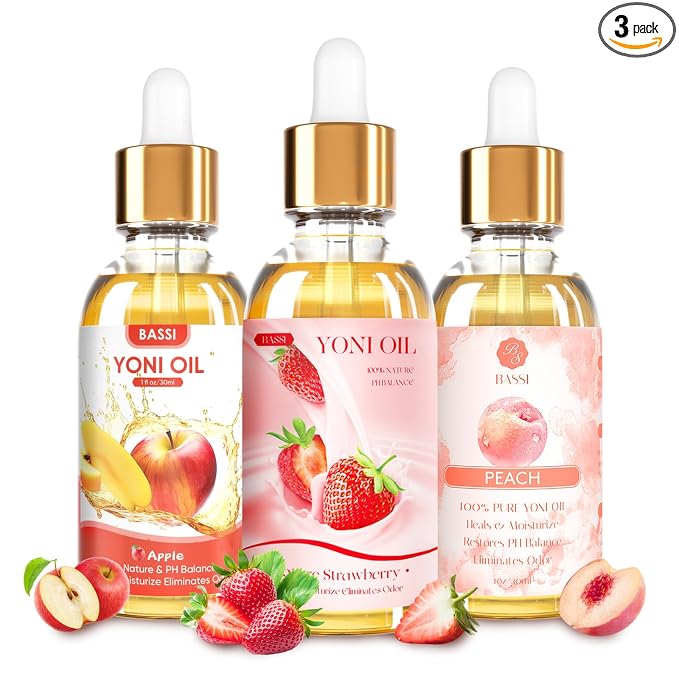 BASSI 3PCS Yoni Oil Organic Feminine Oil Vaginal Moisturizer - Ph Balance for Women - Eliminates Odor Feminine Deodorant - Soothes Ingrown Hair with Strawberry Peach Apple Essential Oil, 1 fl oz/pc